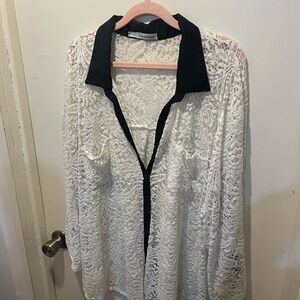 Chico's White Lace Blouse with Black Collar